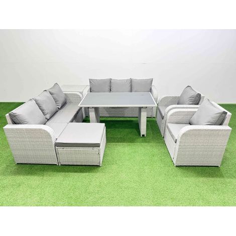 Fimous 9 Seater Wicker PE Rattan Furniture Outdoor Dining Table 3 Seater Sofa Reclining Chair Set with Side Table Big Stool Light Grey (1/4)