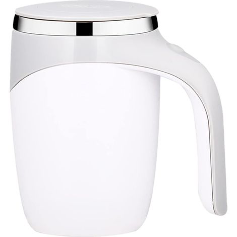 Taza de café automática con tapa de 380 ml, con agitación magnética, de acero inoxidable, para café, leche y chocolate caliente, color blanco (pilas no incluidas). (1/5)