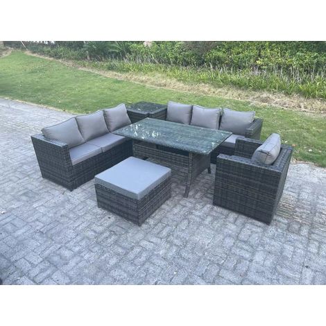 Fimous 8 Seater Outdoor Lounge Sofa Garden Furniture Set Patio Chair Rattan Rectangular Dining Table with Side Table Big Footstool Dark Grey Mixed (1/4)