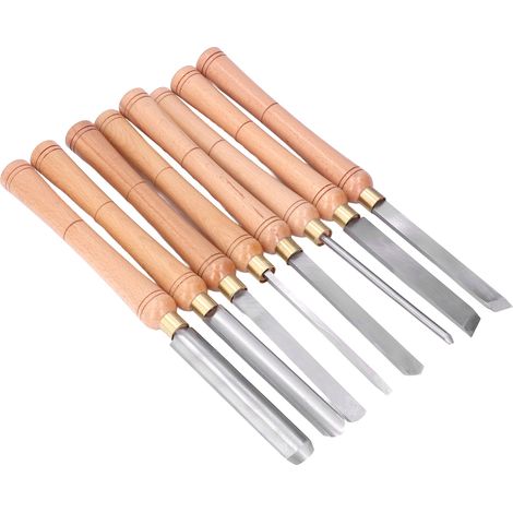 Set aus 8 drehbaren Holzmeißeln, Drehmeißeln aus Schnellarbeitsstahl, Holzgriffen, Handwerkzeugen zum Schnitzen und zur Metallbearbeitung. (1/5)
