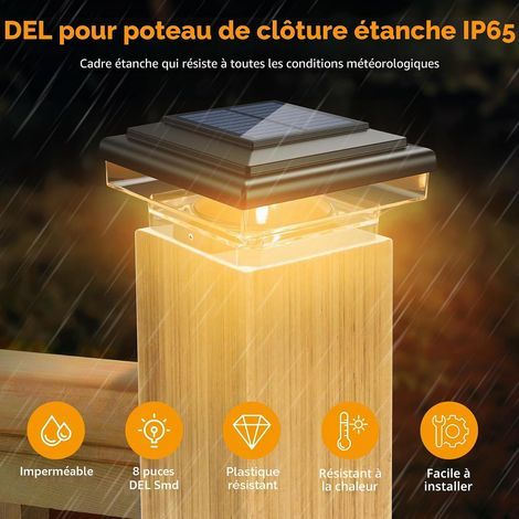 Lot de 4 Lampes Solaires Capuchons de Protection,8LEDs,IP65 étanche Solaire Lumières Lampe Solaire de Jardin Extérieures pour poteaux de clôture 70 mm/80 mm/90 mm/100 mm(76 x 76 mm) Noir (1/4)