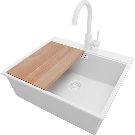 PRIMAGRAN Evier Cuisine en Granit 58x50cm, Lavabo 1 bac + Robinet 32x20cm + Kit de Vidage + Accessoire, Évier à Encastrer au meuble 60cm - Oslo, Tout Blanc (1/5)
