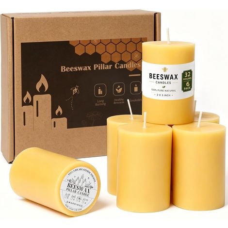 Lot de 6 bougies piliers en cire d'abeille jaune naturelle non parfumées pour mariages, décoration d'intérieur et spa, sans fumée et sans coulure, lot en vrac de bougies en cire d'abeille, 5 x 7 cm (1/5)
