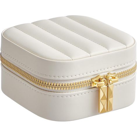 Collectie - Reissieradendoos, klein sieradenopberger met spiegel, 10.5 x 10.5 x 6 cm, PU met naden, ritssluiting, idea regalo, wolkenwit (1/5)