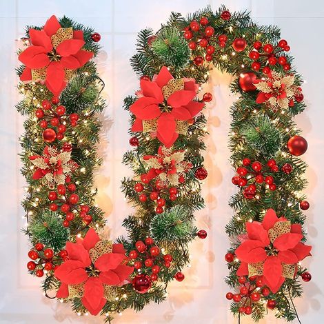 Ghirlanda natalizia, ghirlanda natalizia 2,7 m, 200 rami, con bacche rosse e aghi di pino bianco, decorazione natalizia per camino con gradini da giardino (rosso)