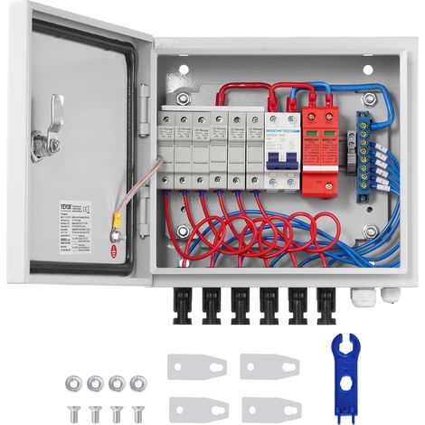 VEVOR Caja Combinadora Fotovoltaica, 6 Cuerdas, Caja Combinadora Solar con Fusible de Corriente Nominal de 10 A Conector Solar, Caja de Acero para Sistema de Panel Solar de Red de Encendido, Apagado