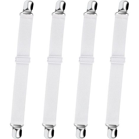 Verstellbares Spannbettlaken mit elastischem Bund, Befestigungsbändern, Eckbefestigungsbändern und Antirutschclips, weiß, 4er-Set (1/5)