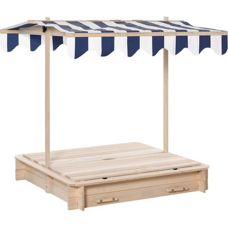 Quadratischer Sandkasten aus Holz für Kinder, 106 x 106 cm, mit Bänken und Deckel, verstellbares Sonnendach