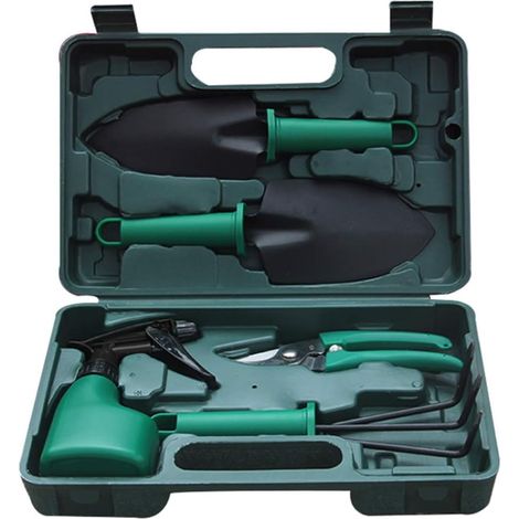 Ensemble d'outils de jardin léger comprenant une pelle antirouille, des ciseaux, un râteau, un vaporisateur et un sac de rangement.