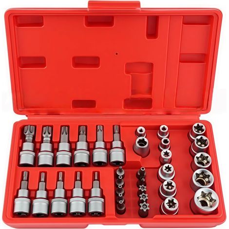 Ensemble 34 Pièces - Douille Torx - Embout Mécanique - Acier Chrome-Vanadium - Réparation Auto Et Bricolage - Argent - Boîte Rouge (1/5)