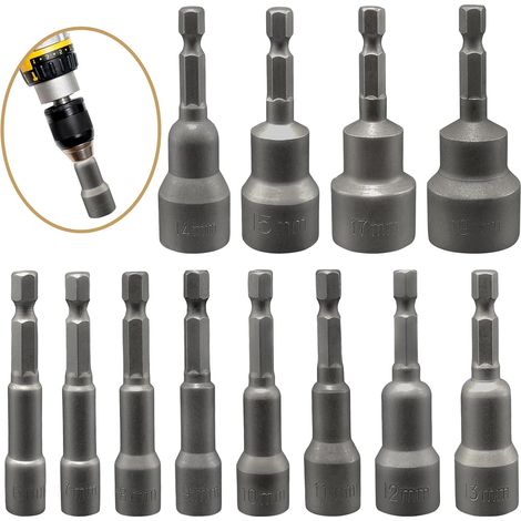 12 x Magnetic Hex Sockets 6/7/8/9/10/11/12/13/14/15/17/19, Hex Socket Adapter, Impact Driver Socket, for Socket Wrench, Hand Drill (1/5)