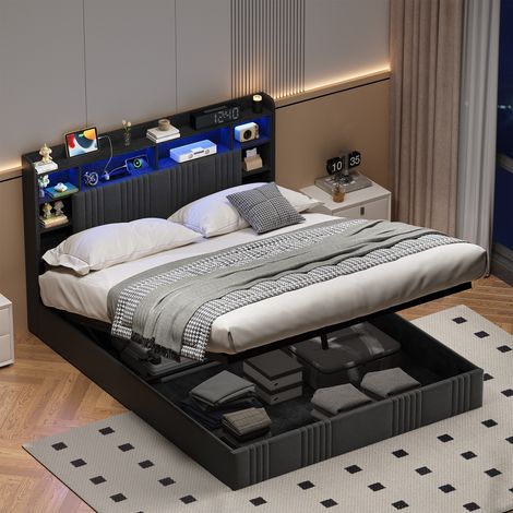 Lit Coffre Double 160x200cm, Lit Rembourré LED RGB avec Prises USB et Rangement Hydraulique en Lin pour Chambre Adulte - Gris