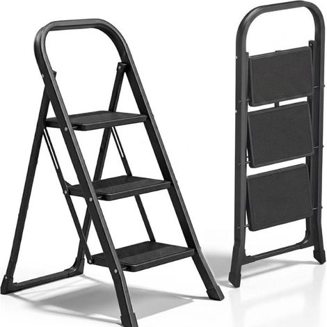 Scala Scaletta 3 Gradini Pieghevole Black Mini Plus Nero con Piedini Antiscivolo, Struttura in Acciaio, Leggera, Multiuso, Certificata EN14183 Portata 150Kg