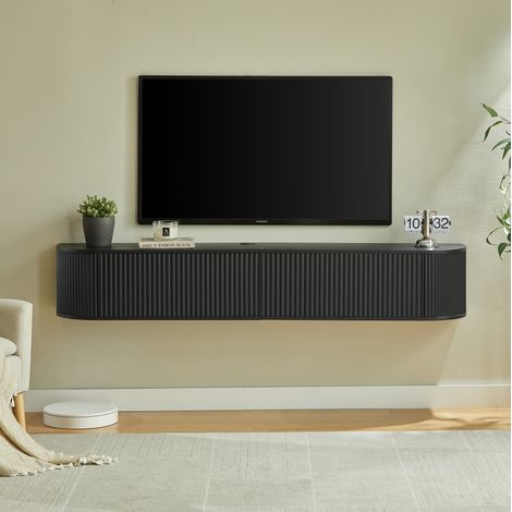Meuble TV mural 180x32x30 cm en bois noir, gain de place pour salon FloraGrace (1/5)