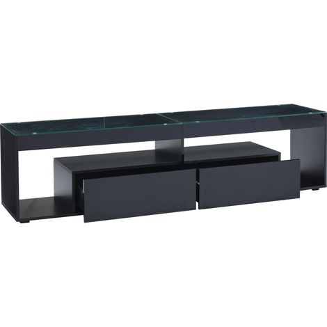 Mueble TV con 2 Cajones y LED para Salón, en Tablero de Partículas y Vidrio Templado, Negro, 180×40×46 cm (1/5)