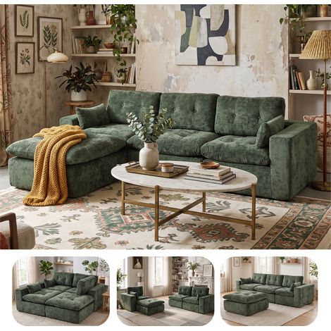 Modulares 4-Sitzer-Sofa – Grüner Chenille-Stoff – Tiefe Sitzfläche mit Wolken-Effekt – Taschenfederkern – Keine Montage erforderlich (1/5)