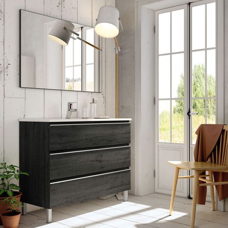 Meuble de salle de bain 100cm simple vasque - 3 tiroirs - ebony (bois noir) - PALMA (1/4)