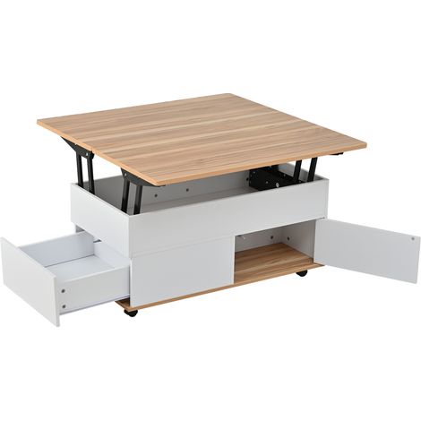 Table basse relevable avec rangement, roulettes et tiroirs 100 x 98 x 65 cm blanc et bois naturel (1/5)