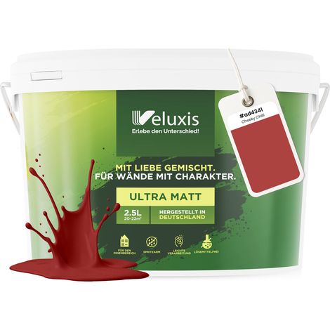 Wandfarbe Rot Braun Matt Innenfarbe – Deckkraft Klasse 1, VOC-frei, Ohne Grundierung, Tropfarm – Wohnzimmer & Schlafzimmer – 2,5L – Veluxis (Cheeky Chilli)