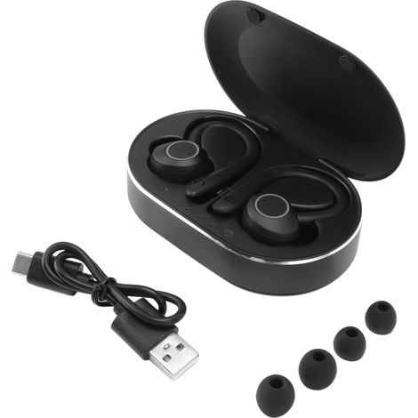 Cuffie Bluetooth wireless impermeabili, stereo, con cancellazione del rumore, microfono e gancio per l'orecchio, ideali per la guida, lo sport e i viaggi, colore nero. (1/5)