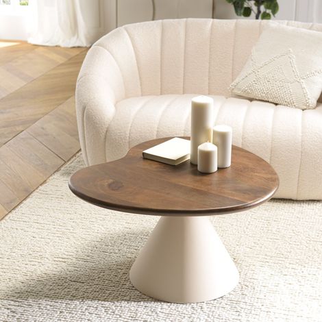 JAMES - Table basse ovoïde plateau en manguier pied en métal ivoire JAMES