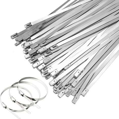 Confezione da 100 fascette autobloccanti riutilizzabili in acciaio inossidabile argentato, 300x4,6 mm. (1/5)