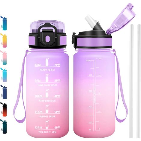 Gourde 500ml, Bouteille Motivation, Gourde avec Paille sans BPA avec Marqueur de Temps, Bouteille pour l'école, Sport, Bureau, Yoga, Camping (1/5)