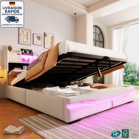Cama de 160 x 200 cm con almacenaje - Cama doble tapizada de 160 x 200 cm - Lino - Tira de luces LED con control remoto y puertos USB-C, espacio de almacenamiento junto a la cama - Madera con certific (1/5)