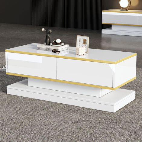 Table basse blanche 100x50x38 cm haute brillance,2 grands tiroirs et bordure dorée. Design unique et chaleureux pour le salon. (1/5)
