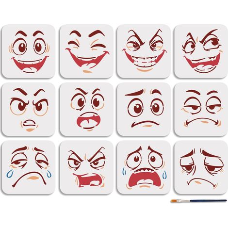 Ensemble de 12 pochoir de Visage de Dessin Animé Réutilisable 15x15cm avec Pinceau pour la Peinture le Dessin de Bandes Dessinées pour la Décoration de Shirts Cartes Murales et Maison (1/5)
