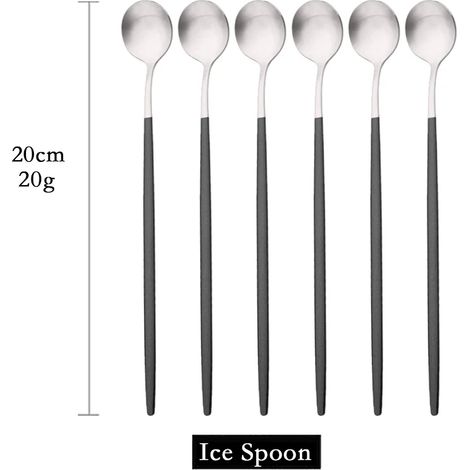 (Noir et argent, 6 pièces) Cuillères à long manche mates pour remuer les boissons, couverts en acier inoxydable