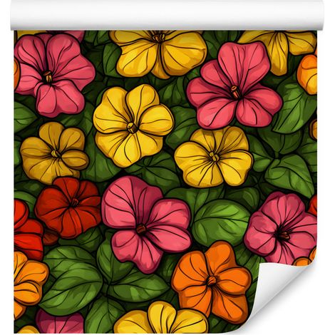 Papier peint Fleurs et Feuilles Olive et Rouge pour Salon et Chambre 50x1000 cm (1/5)