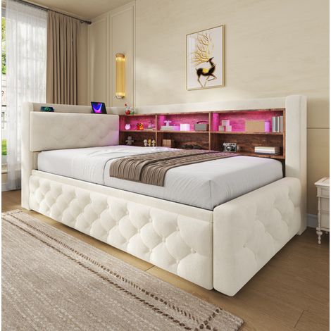 Canapé-lit convertible 90x190 cm en velours beige, gain de place pour salon FloraGrace (1/5)