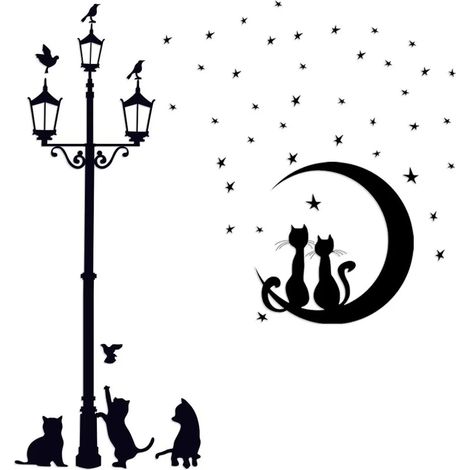 Autocollant Murale Chat - Lampadaire Étoile - PVC Noir Écologique et Imperméable - Décoration Murale pour Salon Chambre Enfant - 2 Sets (1/5)