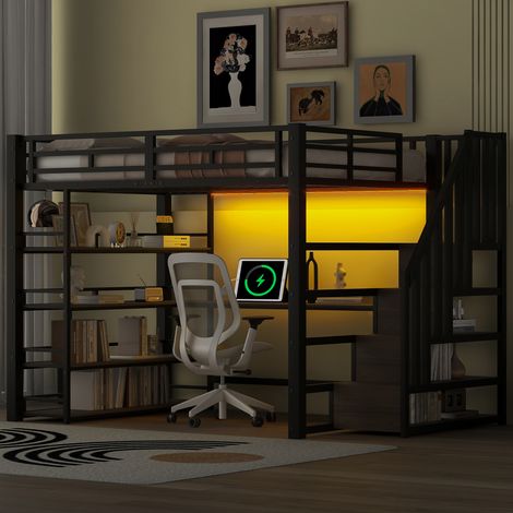 140x200 Metall-Hochbett mit Treppe, integriertem Schreibtisch, Staufächern, USB-Ladestation und LED-Licht, Schwarz