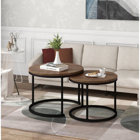 Couchtisch-Set 2-teilig 50x50x70.5 cm / 45.5x45.5x44 cm Eiche MDF mit Metallgestell, platzsparend verschachtelbar (1/5)