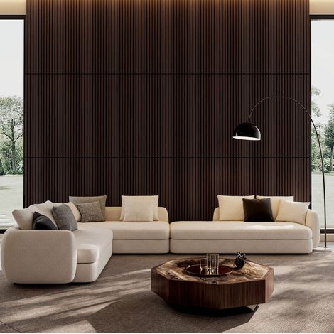 Pannelli murali acustici 3D a doghe in legno, set da 4, 115 x 60 cm, noce scuro DESVIAE (1/5)