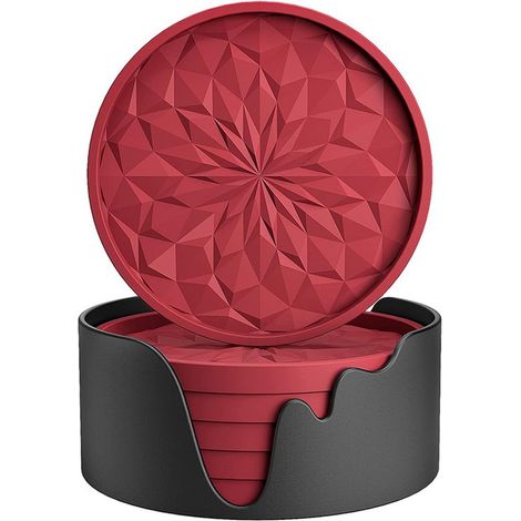 Sous-verres avec support - Lot de 6 - Sous-verres de Verres - Siliconen - Antidérapant - Rouge - Rond - Bords surélevés pour éviter les déversements - Sous-verres pour boissons chaudes ou froides pour (1/5)