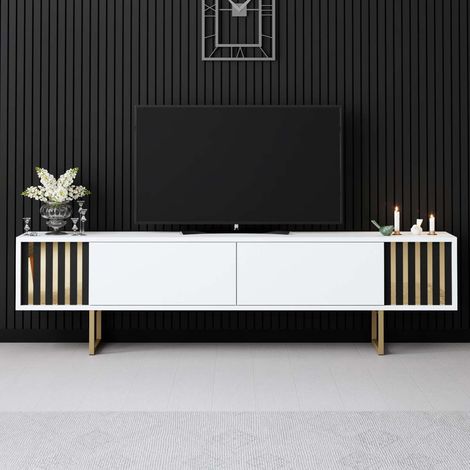 TV-Möbel White Gold Line 180x48x30 - Goldener Rahmen