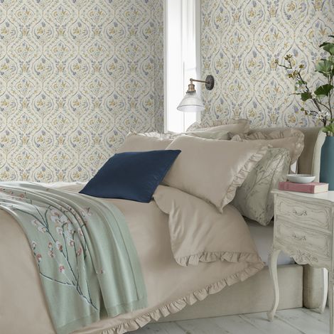Papier peint intissé Laura Ashley Foscot Damask Pale Ochre 1005 x 52cm Bleu, jaune ocré (1/4)