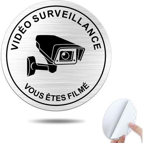 Sticker for Video Surveillance Signage, Brushed Aluminum Metal, Ø10cm, Outdoor, for Home or Shop (1/5)