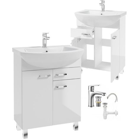 Mueble de baño con lavabo sobre patas de 85x65 cm, de pie, color blanco Mea, con grifo cromado alargado. (1/5)