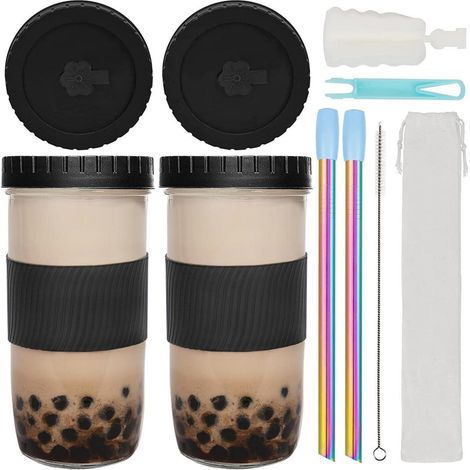 Bubble Tea Becher 730ml 2er Set mit Deckel & Edelstahlstrohhalm, auslaufsicher (1/5)