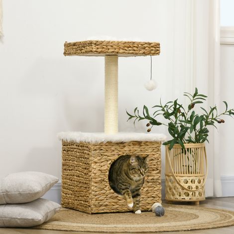 Arbre à chat 2 niveaux avec 1 niche 1 poteau sisal 1 plateforme d'observation et 1 pompon suspendu jacinthe d'eau (1/5)