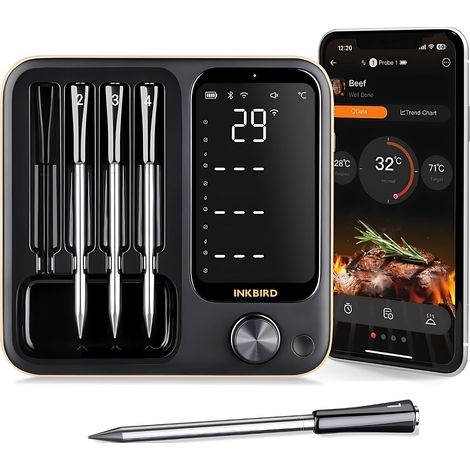 INKBIRD INT-14-BW Küchenthermometer, Fleischthermometer mit 4 Sonden, WLAN/Bluetooth/Lokale App, Genauigkeit ±1°C/±1,8°F, IP67 (1/5)