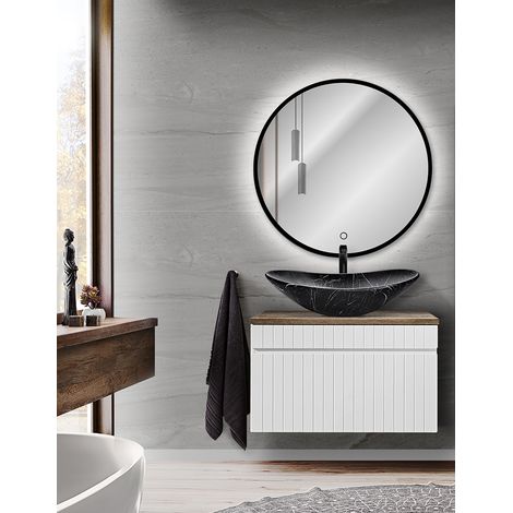 Badmöbel Waschplatz Set 80cm Waschtischunterschrank mit Aufsatzwaschbecken und LED Spiegel IRAKLIO-56 in weiß matt mit Vintage Eiche Nb., B/H/T: ca. 80,4/200/46 cm (1/5)