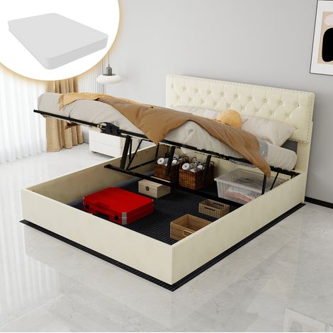 DESVIAE Lit coffre en tissu avec tête de lit haute et sommier à lattes 160 x 200 cm beige avec matelas rangement sous le lit structure métal et bois (1/5)