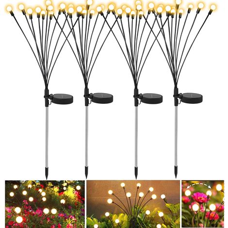 Lampes solaires d'extérieur, lot de 4, 10 LED, lucioles, pour décoration de jardin, balcon, étanche IP65 (blanc chaud) (1/5)