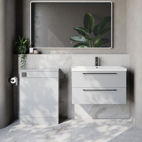 Napoli 390 Cento Gloss Grey Pearl 1400mm Wall Mounted 2 Drawer Vanity Unit and Toilet Suite with Glide Basin - 1400mm - Matt Black 480mm HandleWithout Kingston Toilet Pan