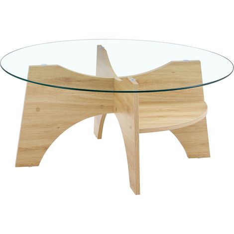 Mesa de centro redonda de cristal Ø 80 cm, diseño moderno, MDF color madera natural (1/5)